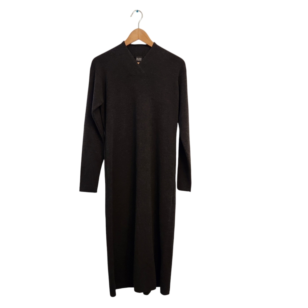 Eileen Fisher Black Long Sleeve V-Neck Knit Maxi Dress